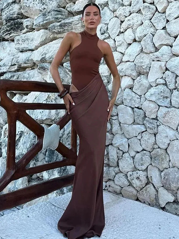 Elegant Satin Cut-Out Maxi Dress